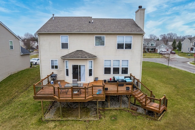 3885 Silver Charm Ln, Howell, MI 48843 - rear view of house featuring outdoor lounge area, a chimney, a deck, and a yard