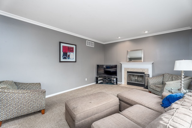 3885 Silver Charm Ln, Howell, MI 48843 - living room featuring carpet, ornamental molding, baseboards, and a premium fireplace