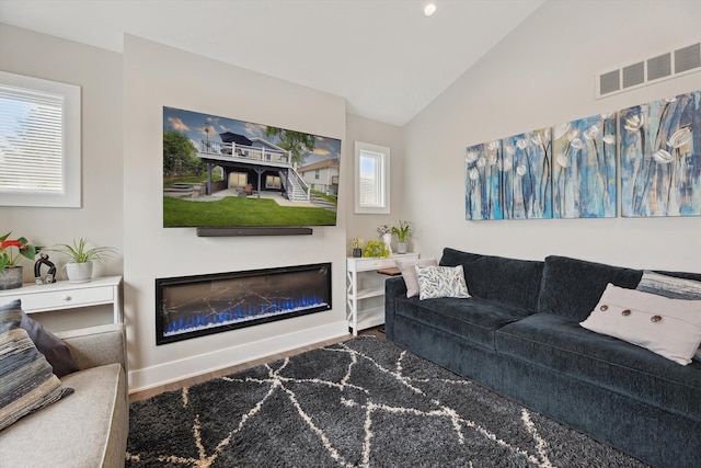 11449 Sunset Blvd, Pinckney, MI 48169 - living room with a glass covered fireplace, lofted ceiling, and wood finished floors