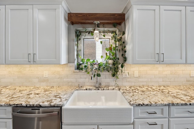 11449 Sunset Blvd, Pinckney, MI 48169 - kitchen featuring dishwasher, a sink, tasteful backsplash, white cabinetry, and beamed ceiling