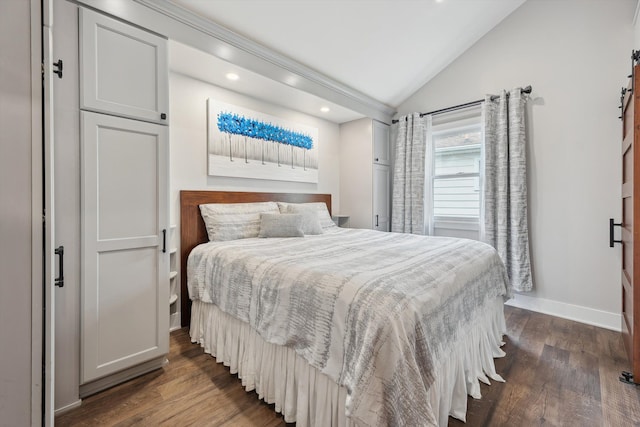 11449 Sunset Blvd, Pinckney, MI 48169 - bedroom with lofted ceiling, dark wood-style floors, baseboards, and recessed lighting