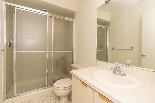 bathroom featuring vanity, toilet, tile patterned flooring, and a stall shower