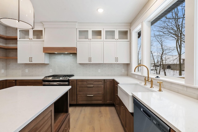 kitchen featuring appliances with stainless steel finishes, open shelves, a sink, light countertops, and healthy amount of natural light
