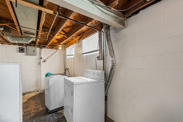 clothes washing area with laundry area, washer / dryer, and electric panel