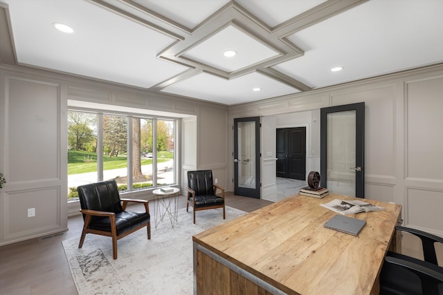 245 Chestnut Cir, Bloomfield Hills, MI 48304 - office with a decorative wall, french doors, recessed lighting, light wood finished floors, and ornamental molding
