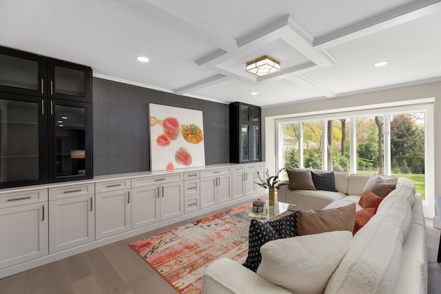 245 Chestnut Cir, Bloomfield Hills, MI 48304 - living room featuring coffered ceiling, light wood-style flooring, beam ceiling, recessed lighting, and crown molding