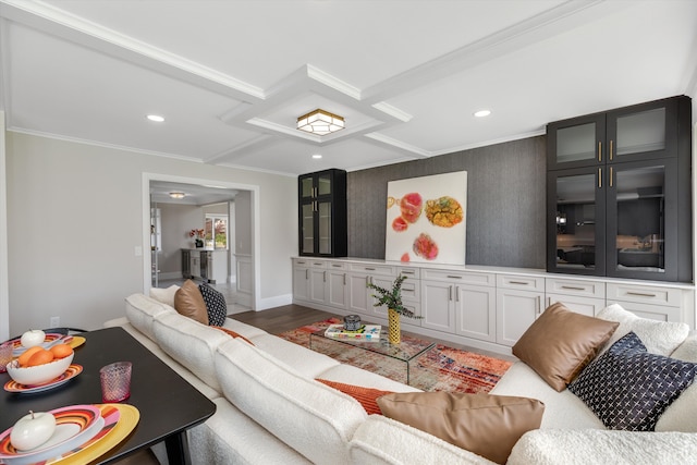 245 Chestnut Cir, Bloomfield Hills, MI 48304 - living area featuring ornamental molding, coffered ceiling, recessed lighting, and wood finished floors