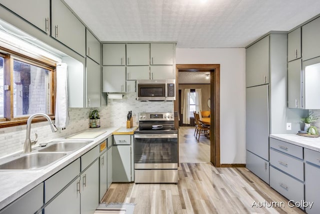 kitchen with a sink, stainless steel appliances, light wood-type flooring, backsplash, and gray cabinetry