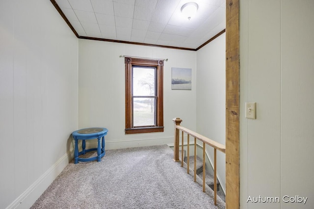 carpeted spare room featuring crown molding and baseboards