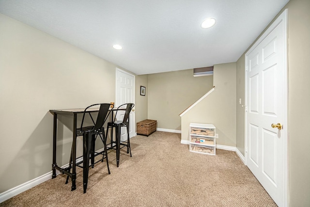 recreation room with recessed lighting, carpet, and baseboards