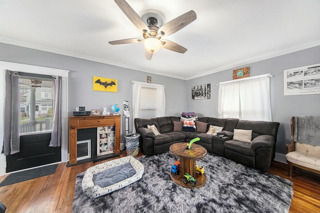 living room with a ceiling fan, crown molding, and wood finished floors
