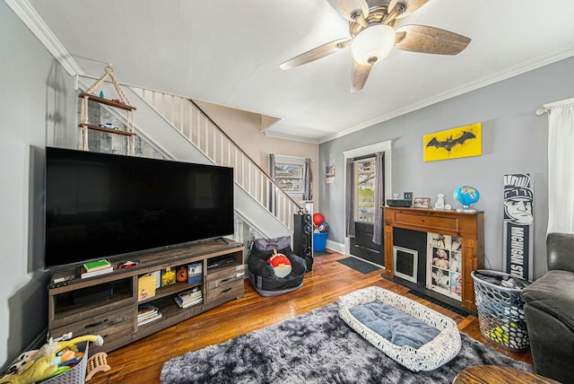 living room featuring crown molding, wood finished floors, a ceiling fan, and stairway