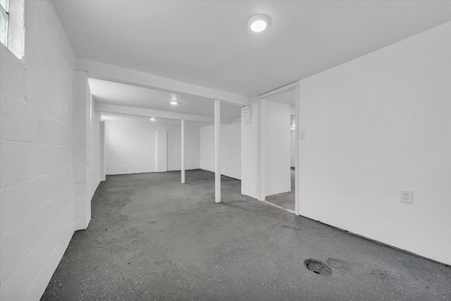 finished below grade area featuring concrete block wall