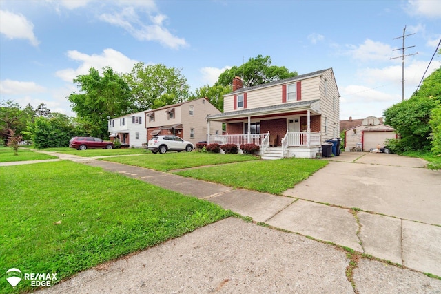 514 Chalmers St, Flint, MI 48503 - view of front of property with covered porch, an outdoor structure, a chimney, a front yard, and brick siding