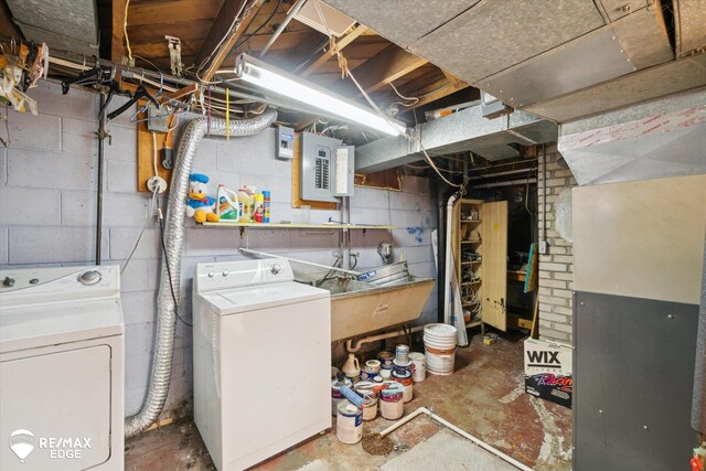 514 Chalmers St, Flint, MI 48503 - unfinished basement featuring washing machine and dryer, electric panel, and a sink