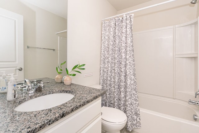 bathroom with toilet, shower / bathtub combination with curtain, and vanity