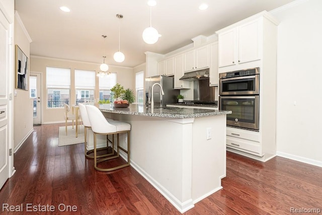 2669 Helmsdale Cir, Rochester, MI 48307 - kitchen featuring a sink, crown molding, stainless steel appliances, dark wood-style flooring, and a kitchen island with sink