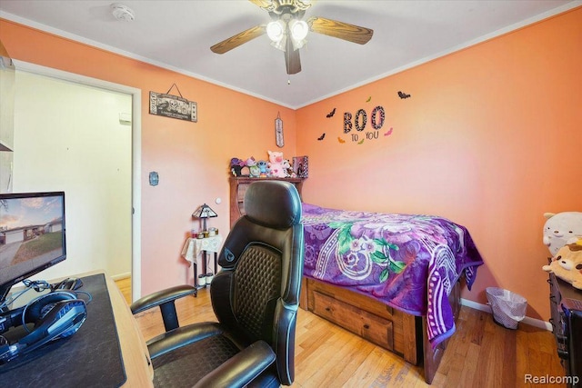27908 Ryan Rd, Warren, MI 48092 - bedroom with wood finished floors, a desk, ornamental molding, and a ceiling fan