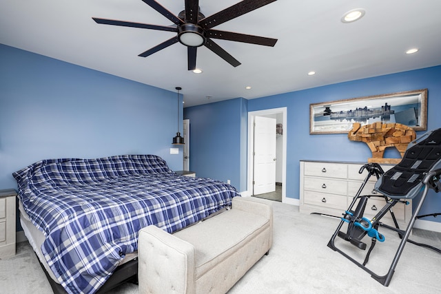 bedroom featuring carpet floors, baseboards, recessed lighting, and a ceiling fan