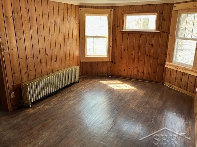 spare room featuring wood walls, radiator heating unit, and wood finished floors