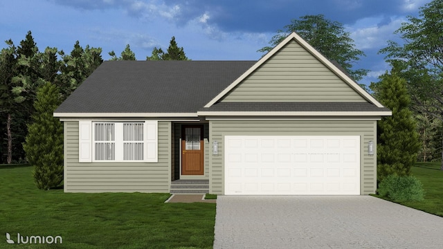 single story home with an attached garage, driveway, and a front yard