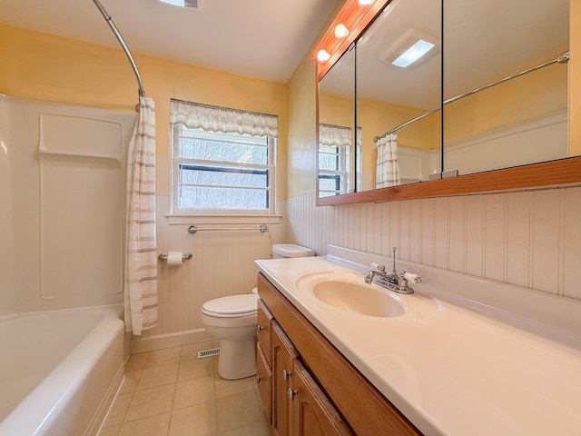 full bath featuring vanity, visible vents, wainscoting, toilet, and tile patterned floors