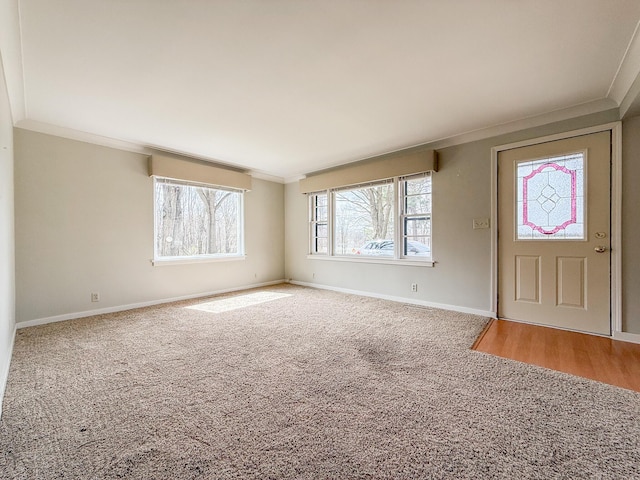 foyer with baseboards, ornamental molding, and carpet flooring