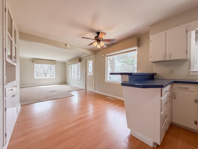 kitchen with a ceiling fan, open floor plan, plenty of natural light, and light wood-style floors