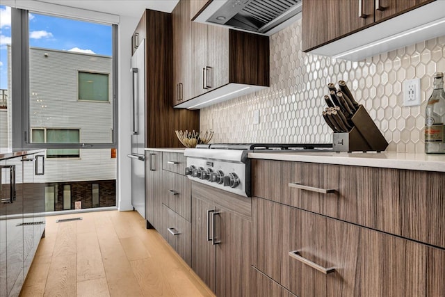 248 Alfred St, Detroit, MI 48201 - kitchen featuring light wood-style floors, light countertops, premium range hood, tasteful backsplash, and modern cabinets