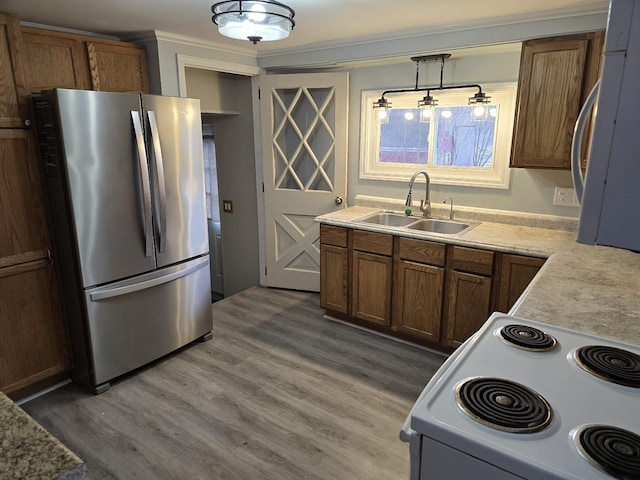 kitchen featuring brown cabinets, a sink, freestanding refrigerator, electric range, and light wood-style floors