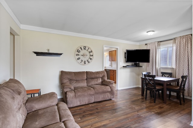 living room featuring crown molding, baseboards, and dark wood-style floors