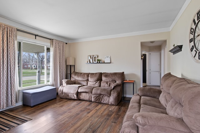 living room featuring ornamental molding, baseboards, and wood finished floors
