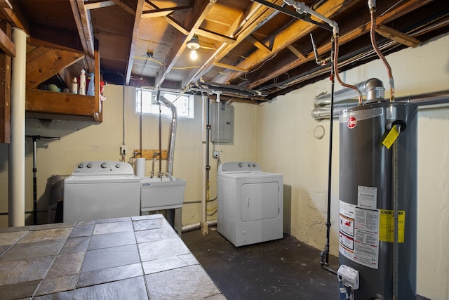 laundry area with laundry area, gas water heater, electric panel, and washer and clothes dryer