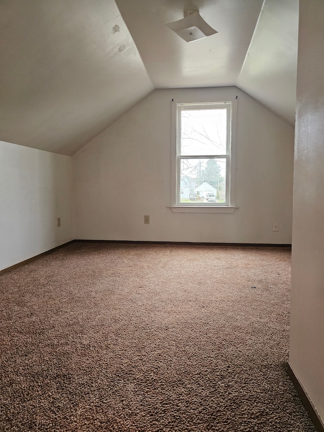 additional living space featuring carpet flooring, baseboards, and vaulted ceiling