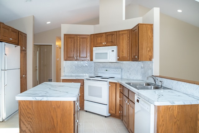 kitchen featuring lofted ceiling, brown cabinetry, white appliances, a sink, and light countertops