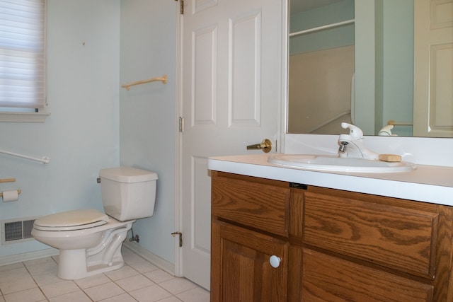bathroom featuring toilet, baseboards, visible vents, tile patterned flooring, and vanity