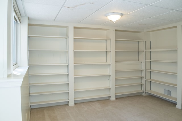 interior space featuring a paneled ceiling and carpet
