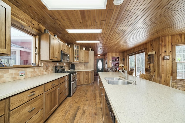 kitchen featuring tasteful backsplash, a sink, appliances with stainless steel finishes, brown cabinets, and wood finished floors