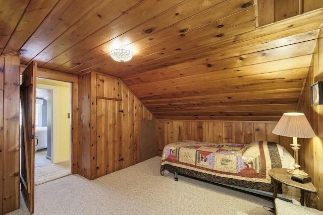 bedroom with wood walls, wooden ceiling, carpet, and lofted ceiling
