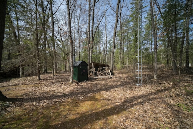 view of yard with a forest view