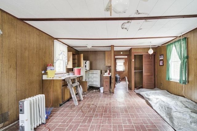 basement featuring brick floor, radiator, and wooden walls