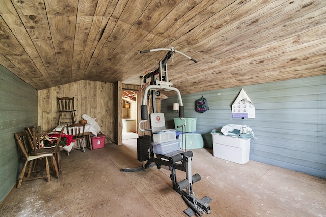 interior space featuring wooden ceiling and vaulted ceiling