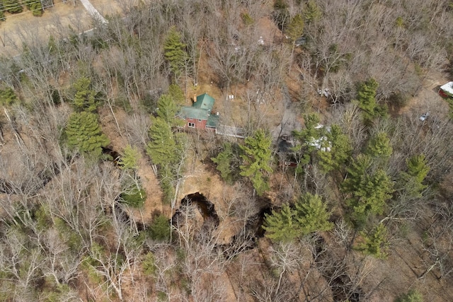 drone / aerial view featuring a forest view