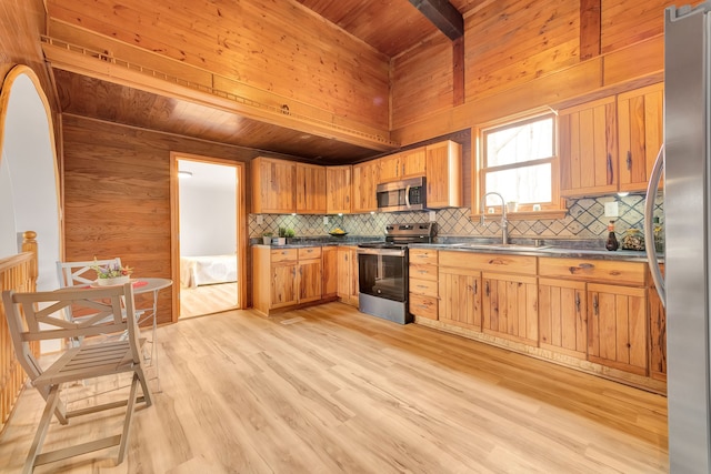 3628 Ford Ave, Jackson, MI 49203 - kitchen featuring dark countertops, a sink, decorative backsplash, wood ceiling, and stainless steel appliances