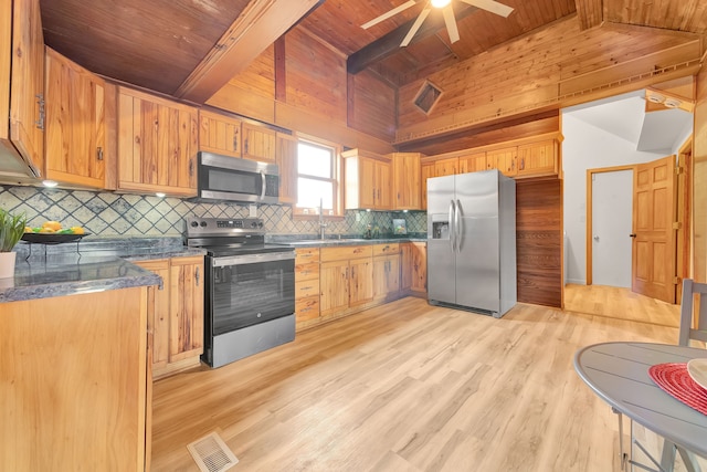 3628 Ford Ave, Jackson, MI 49203 - kitchen with stainless steel appliances, visible vents, light wood-style floors, ceiling fan, and wooden ceiling