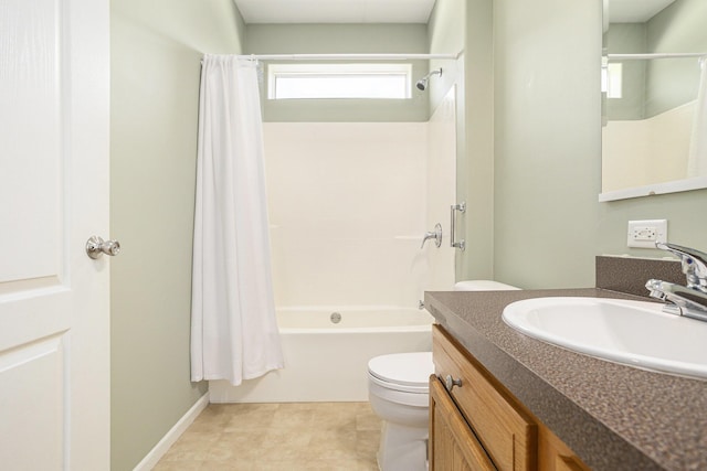 full bathroom with shower / tub combo, toilet, and vanity