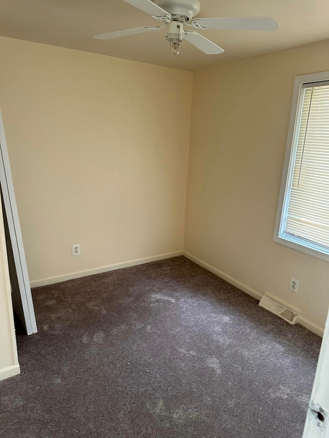 18850 Dalby, Redford, MI 48240 - spare room featuring dark colored carpet, visible vents, baseboards, and ceiling fan
