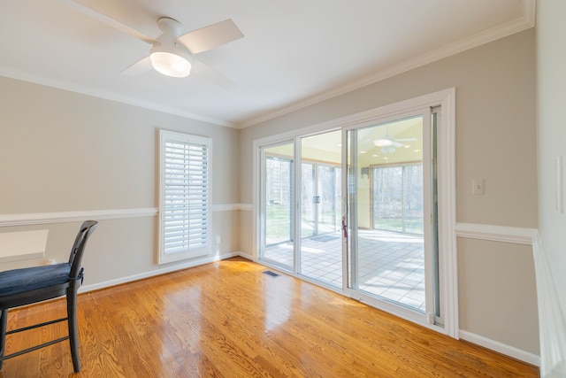7837 Oak River Dr, Grosse Ile, MI 48138 - unfurnished office featuring visible vents, baseboards, a ceiling fan, and wood finished floors