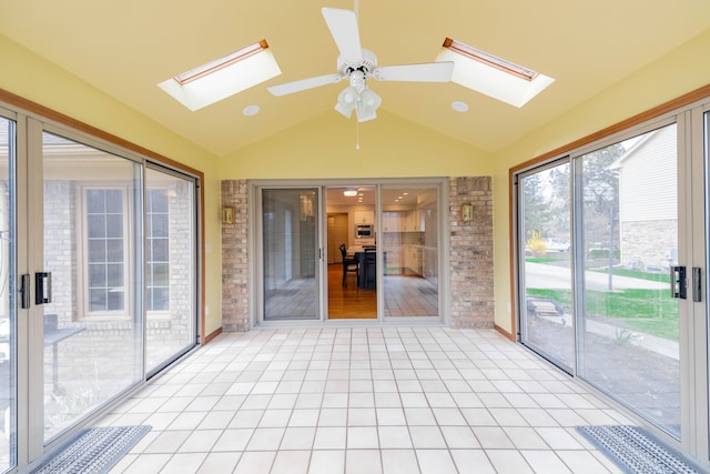 7837 Oak River Dr, Grosse Ile, MI 48138 - unfurnished sunroom with vaulted ceiling with skylight, brick wall, and tile patterned floors