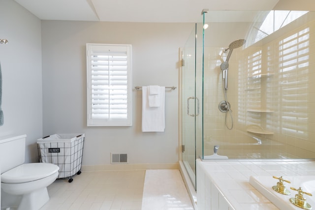 7837 Oak River Dr, Grosse Ile, MI 48138 - bathroom with baseboards, a stall shower, toilet, visible vents, and a garden tub